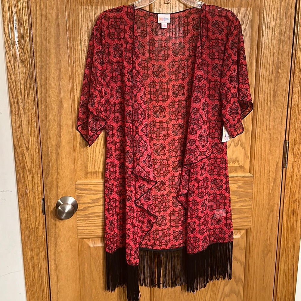 Lularoe red and black sheer kimono style with cascade front and fringe b…